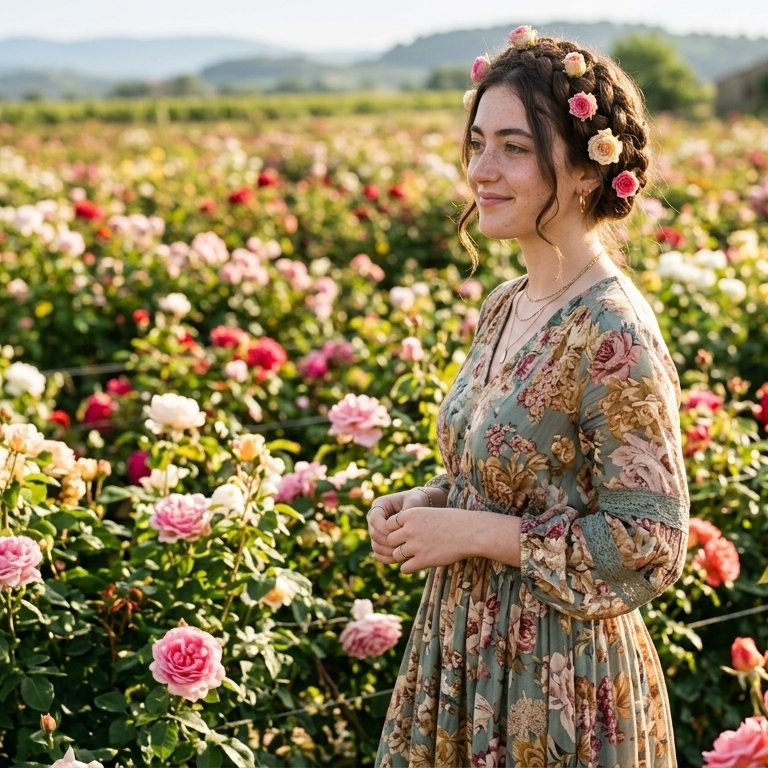 "Lost in a sea of roses, finding a little magic in the blooms. 🌹✨"where the air smells like dreams and roses.​