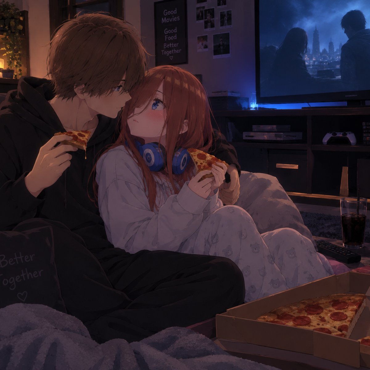 pizza, a good movie, and you. it's perfect, isn't it?